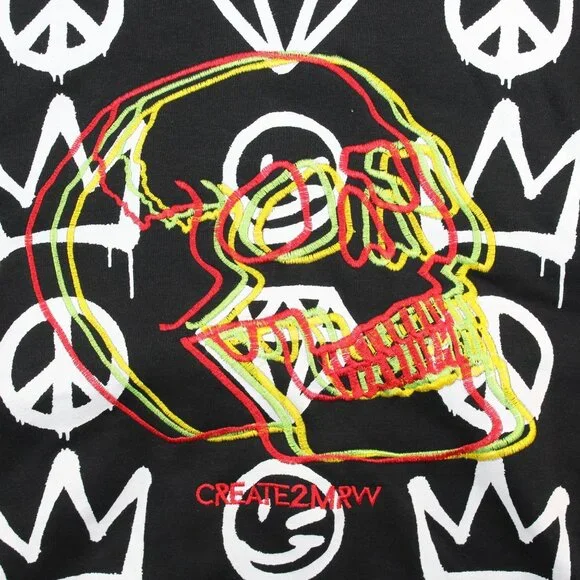 Create 2MEW Mens XL Sweatshirt Hoodie Black All Over Graffiti Embroidered Skull - Picture 9 of 14